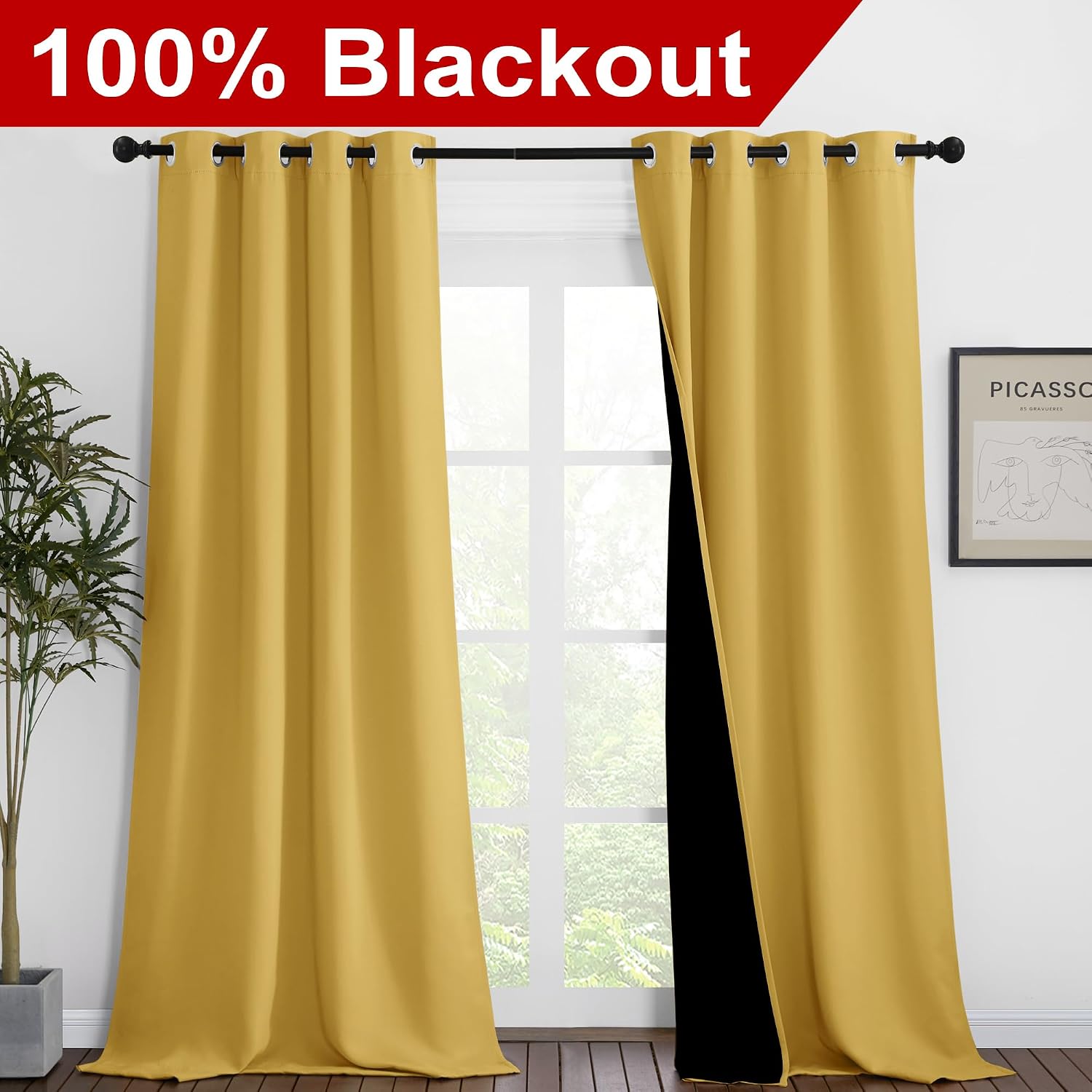 Nicetown Bright Yellow Full Shade Curtain Panels, Pair of Thermal Insulated & Energy Efficiency Blackout Drapes for Living Room Windows, Li…