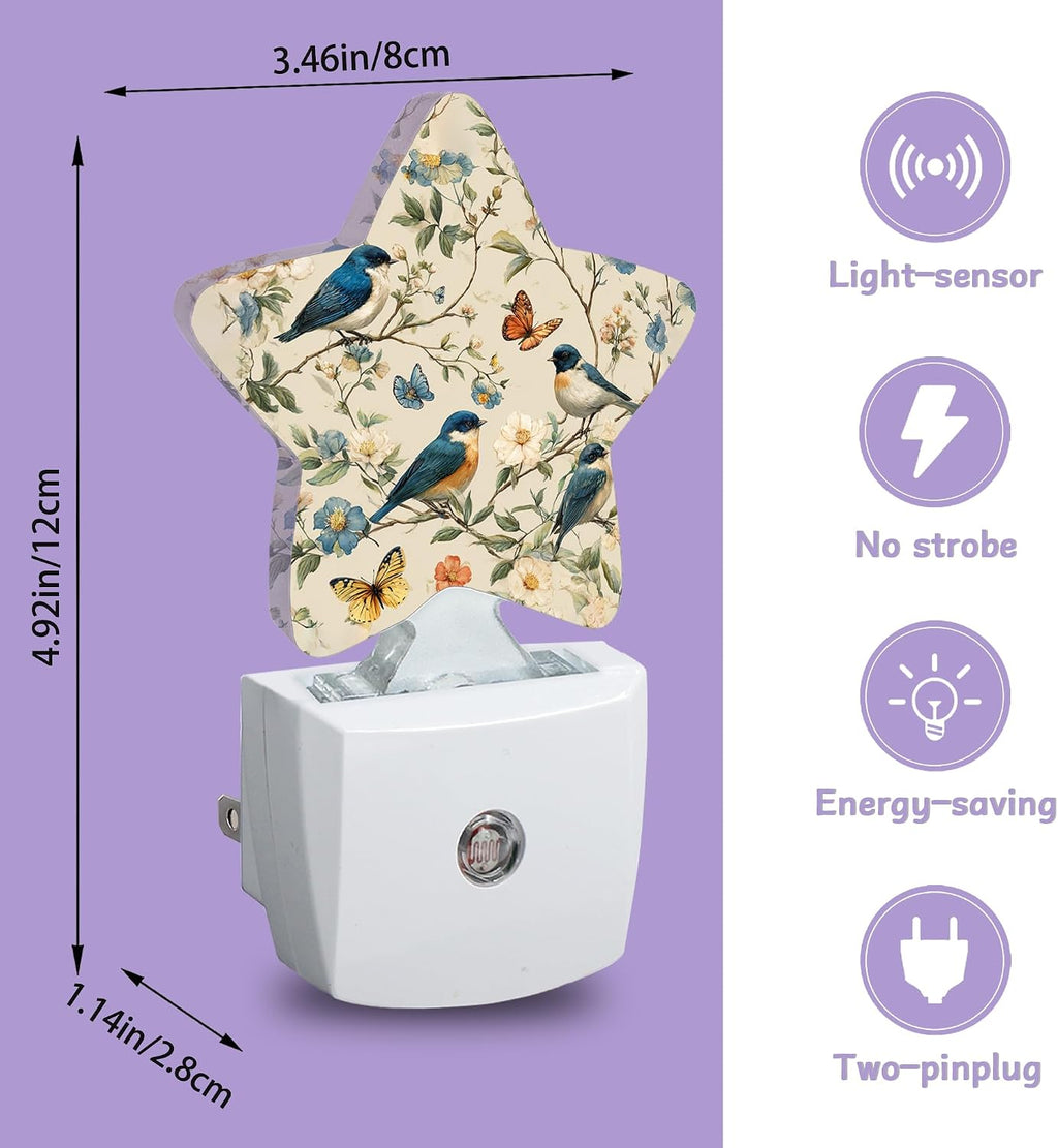 Birds Butterfly Decorative Nightlight Plug in Wall, Watercolor Floral Star Shaped Night Light with Built in Sensor for Home Decor, Kitchen…