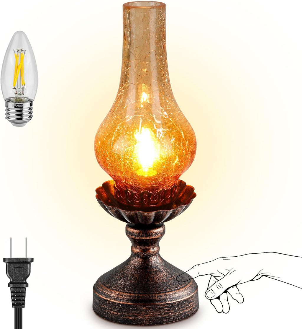 Vintage Table Lamp with Amber Gradient Crackle Glass Shade, Touch Control & 3-Way Dimmable Rustic Retro Farmhouse Bedside Lamp for…