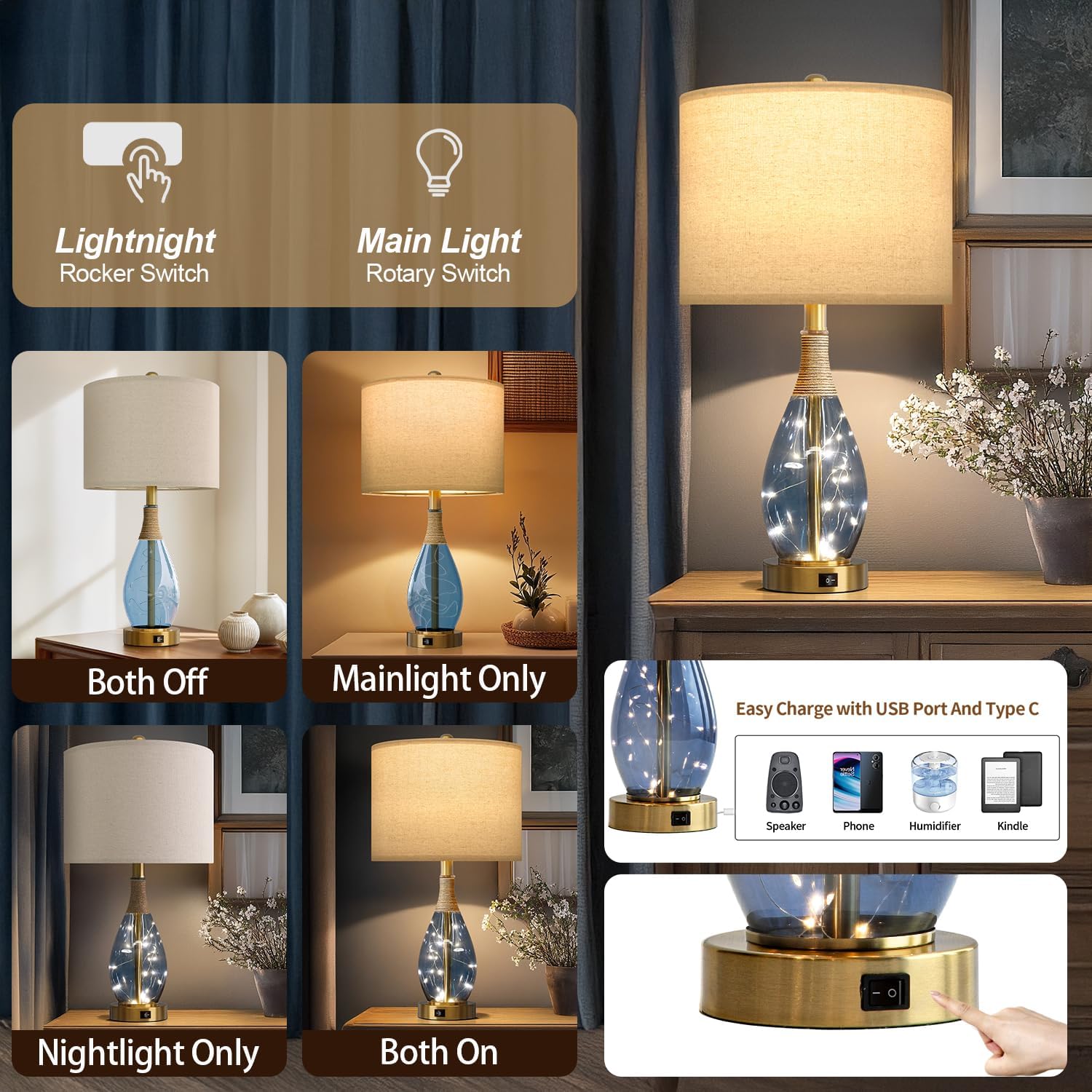 OYEARS 23" Table Lamps for Living Room Set of 2 Bedside Lamps for Night Stands Bedroom Lamps Farmhouse Rattan Boho Lamp Glass Nightlight…