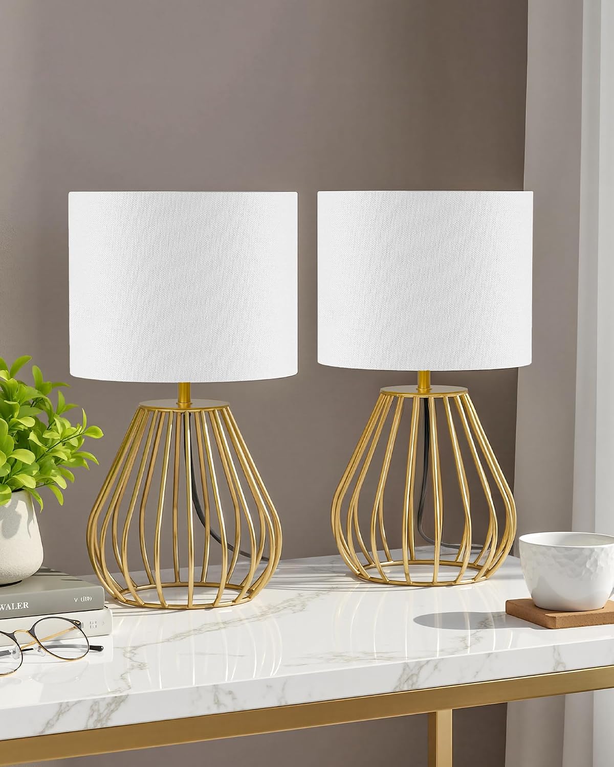 Gold Table Lamp Set of 2, Small Bedside Lamps Set of 2, 2700K LED Bulb Included, Gold Metal Base & White Linen Lampshade, Modern…
