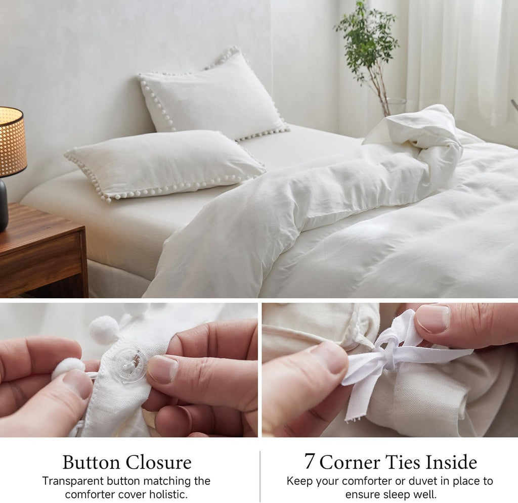 Simple&Opulence French Linen Blended Duvet Cover King, Flax Viscose Derived from Bamboo Bedding Set with Pom Pom Trim Soft Cooling for…