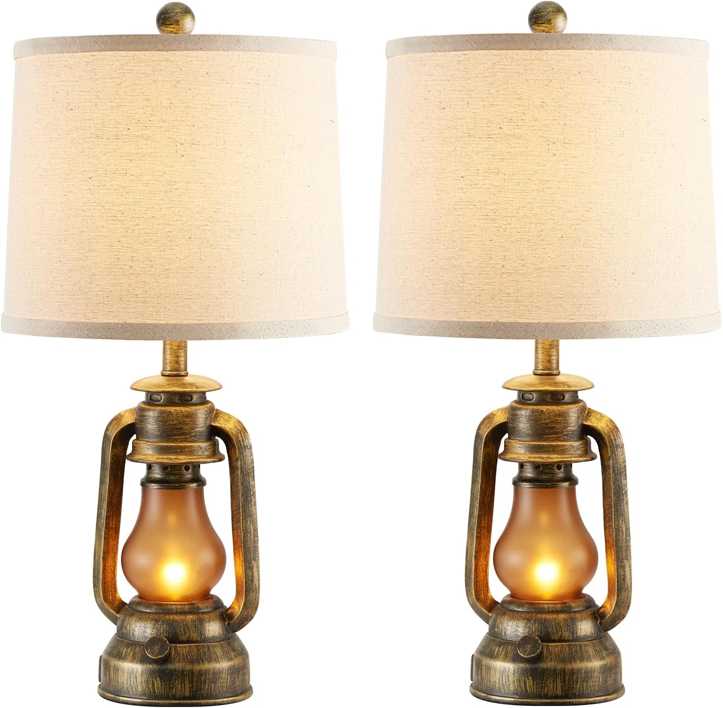 Set of 2 Farmhouse Lantern Table Lamps for Living Room with 2 USB Charging Ports, Rustic Vintage Nightstand Lamps with Nightlight for…