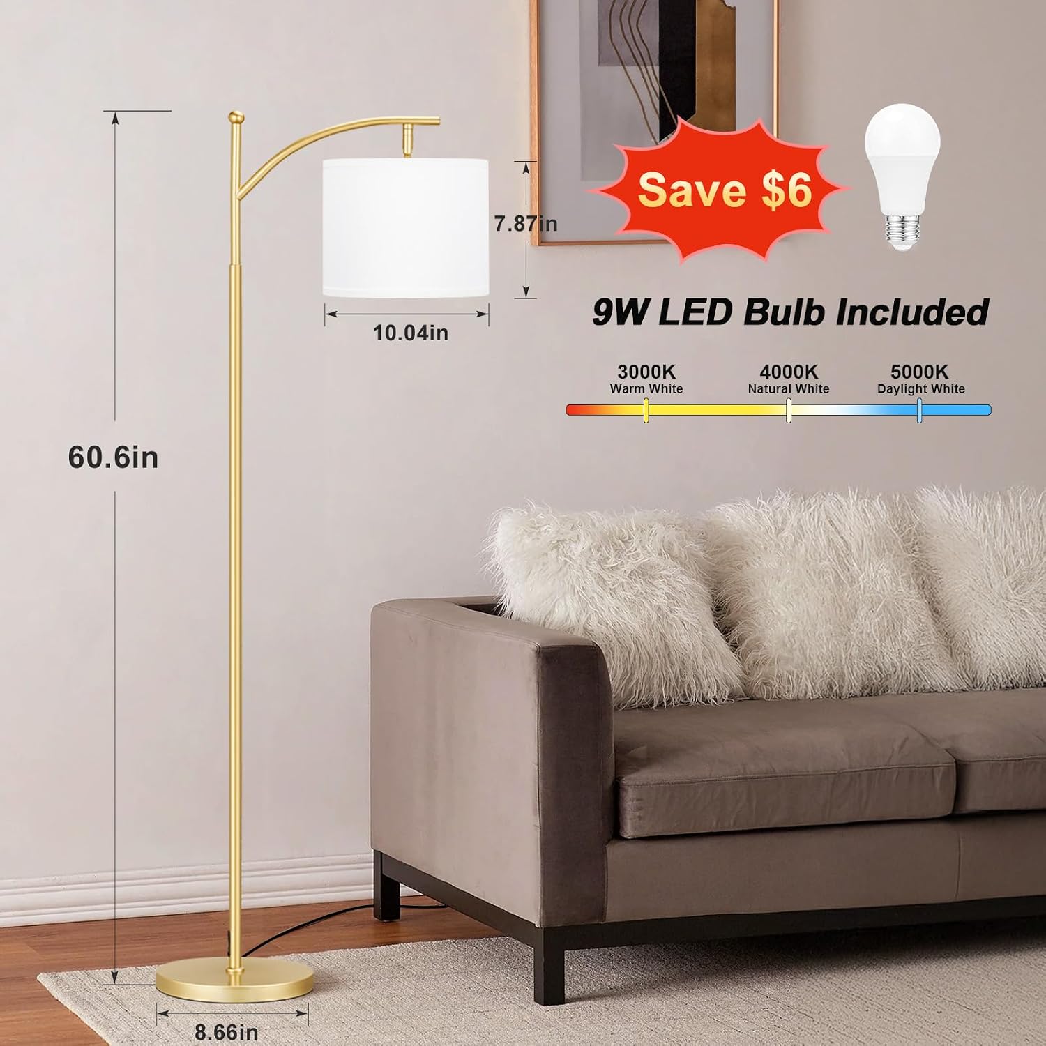 Ambimall 60" Floor Lamp for Living Room with 3 Color Temperatures, Adjustable White Shade with Gold Pole, Tall Lamp for Bedroom Office…