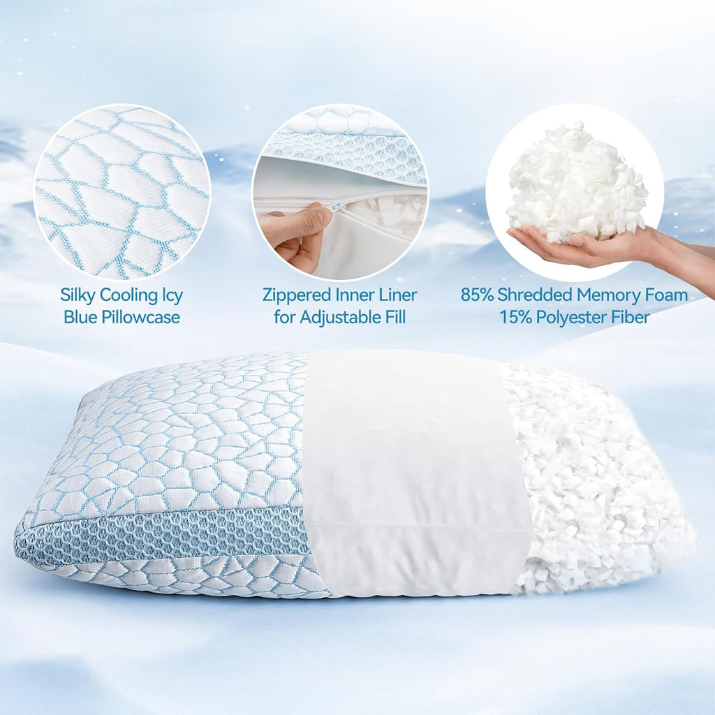 QUTOOL Cooling Pillows for Hot Sleeping, Shredded Memory Foam Pillows Queen Size Set of 1, Adjustable Soft & Firm Gel Bed Pillow for Side…