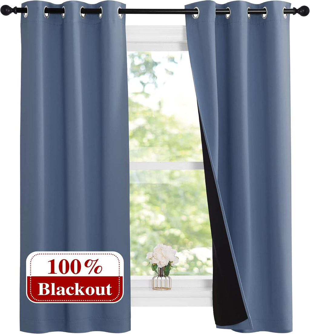 Nicetown Stone Blue 100% Blackout Small Curtains 63 inches Long, Thermal Insulated Full Blackout 2-Layer Lined Drapes, Energy Efficiency Wi…