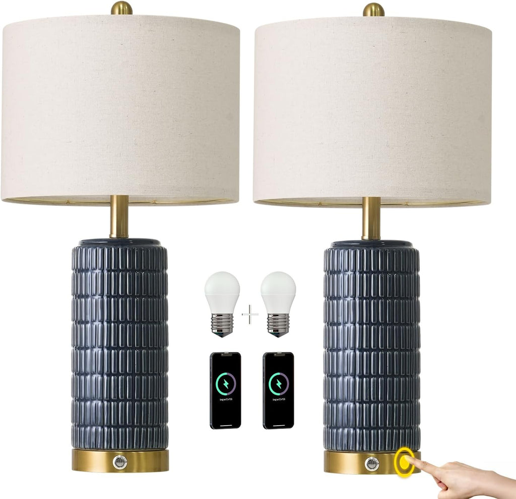 PoKat Touch Bedside Table Lamps with USB Ports for Bedroom, 25'' Dimmable Nightstand Touch Lamps for Living Room, Blue Ceramic Lamps with…