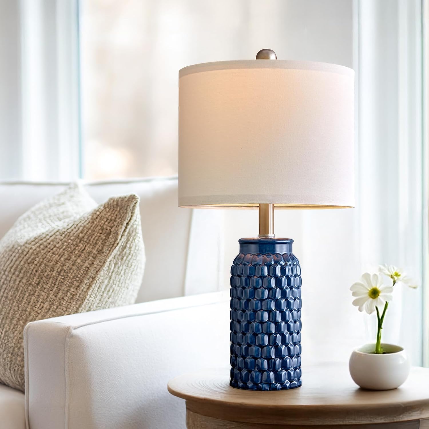20.5" Small Bedside Lamps Set of 2 with 5FT Cord, Blue Ceramic Modern Farmhouse Table Lamps for Nightstand, Living Room, Bedroom, 3D…