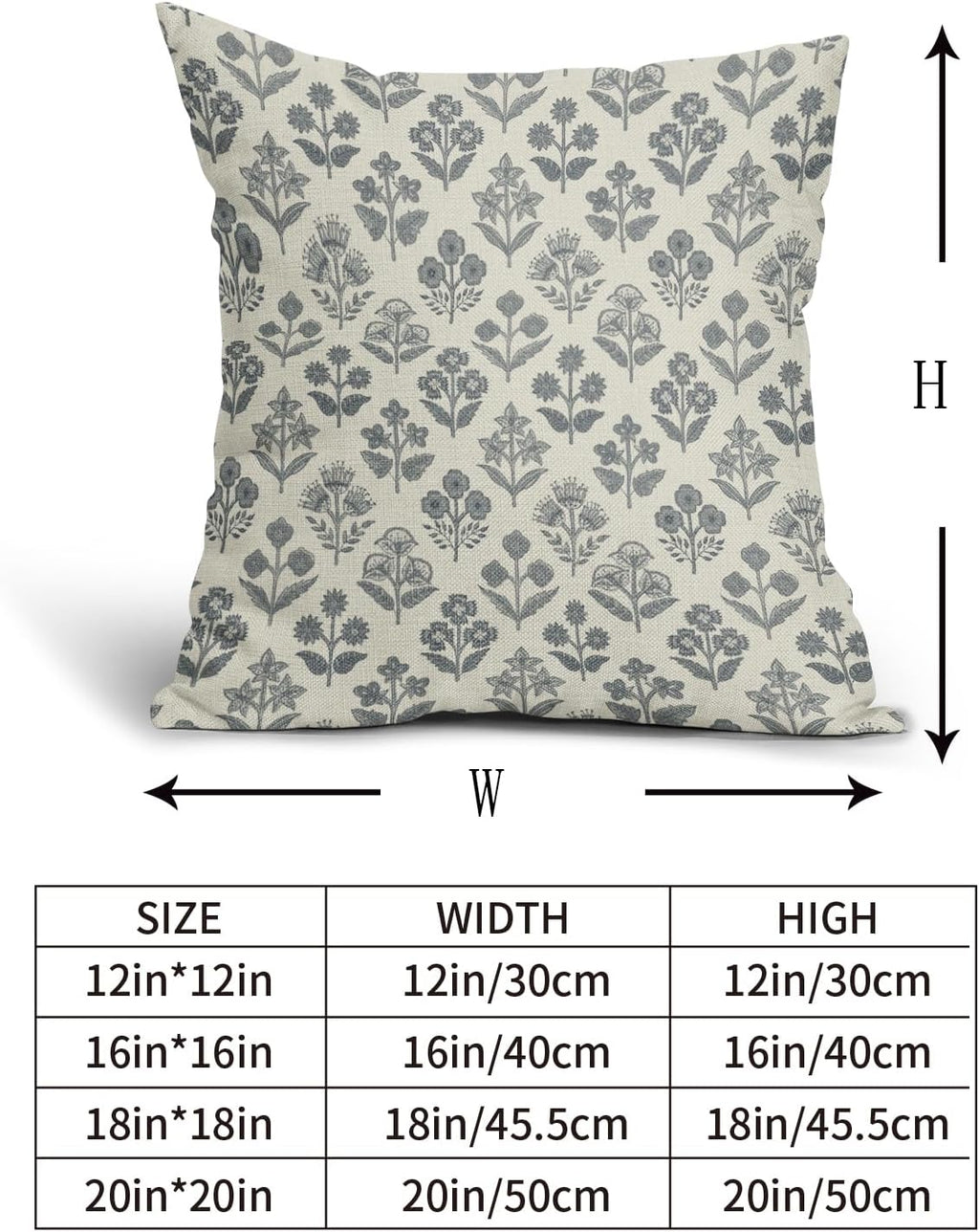 Dusty Blue Floral Pillow Covers 16x16 Inch Set of 2, Vintage Flower Block Print Pattern Decorative Throw Pillowcases Outdoor Farmhouse…