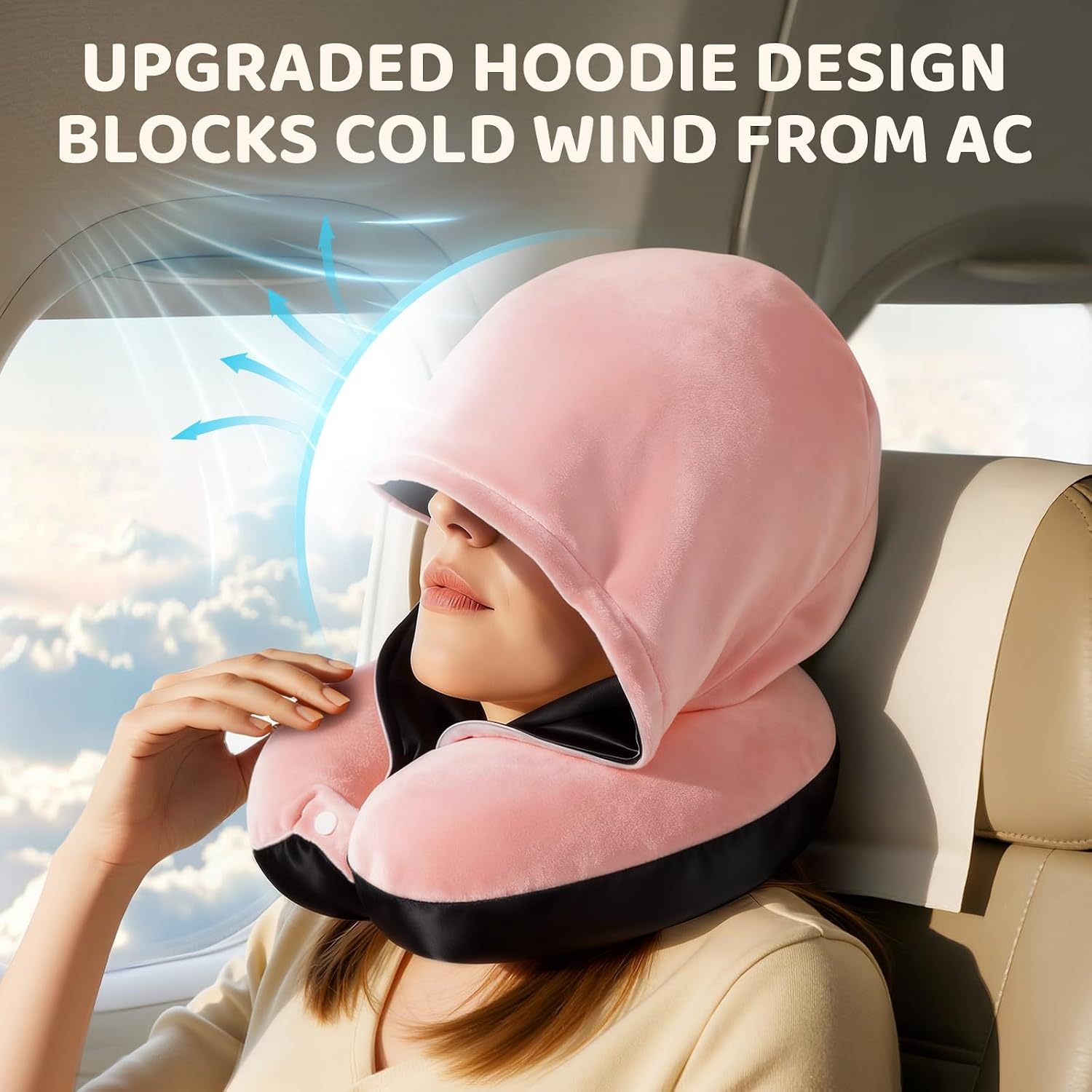 Mewaii Travel Neck Pillow with Hood for Airplanes, Memory Foam, Breathable Ice Silk & Soft Velvet, Double-Sided, Removable to…