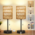 Rattan Bedside Table Lamps Set of 2 - Boho Lamps With 3 Color Temperatures & USB AC Port, Pull Chain Table Lamp For Bedroom, Cute Small…