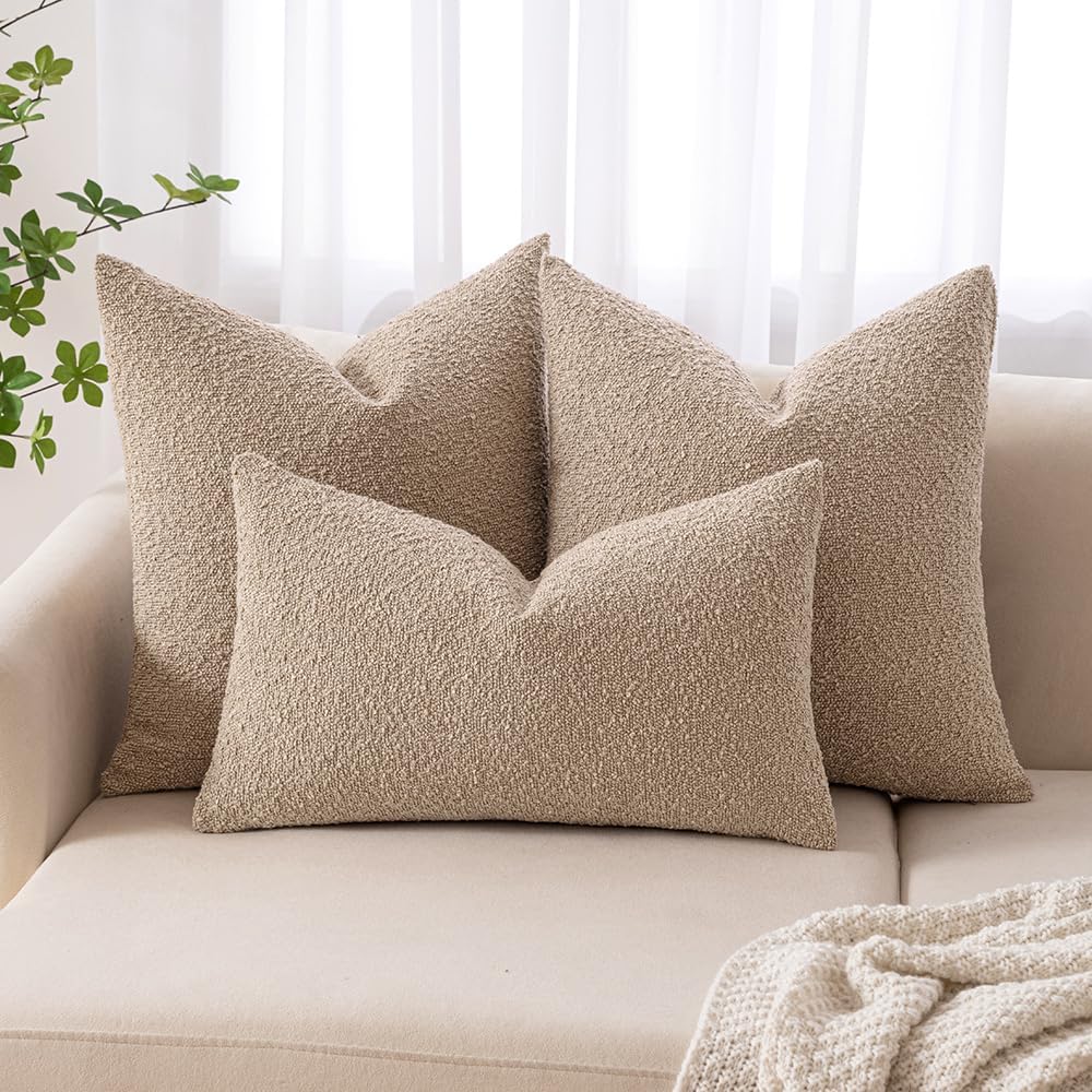 Miulee 16x16 Inch Decorative Pillow Covers for Couch Bed Set of 2 Textured Boucle Neutral Throw Pillow Covers Taupe Khaki Camel Accent Soli…