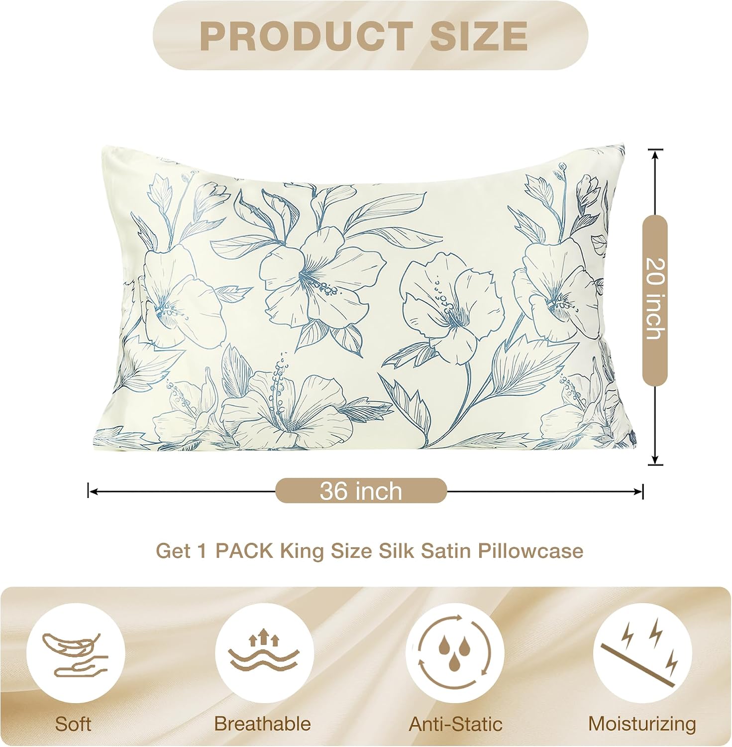 MANSPHIL King Size Silk Pillow Cases - Blue Floral Printed 22 Momme Mulberry Silk Top with Satin Underside Pillowcase for Hair and Skin…