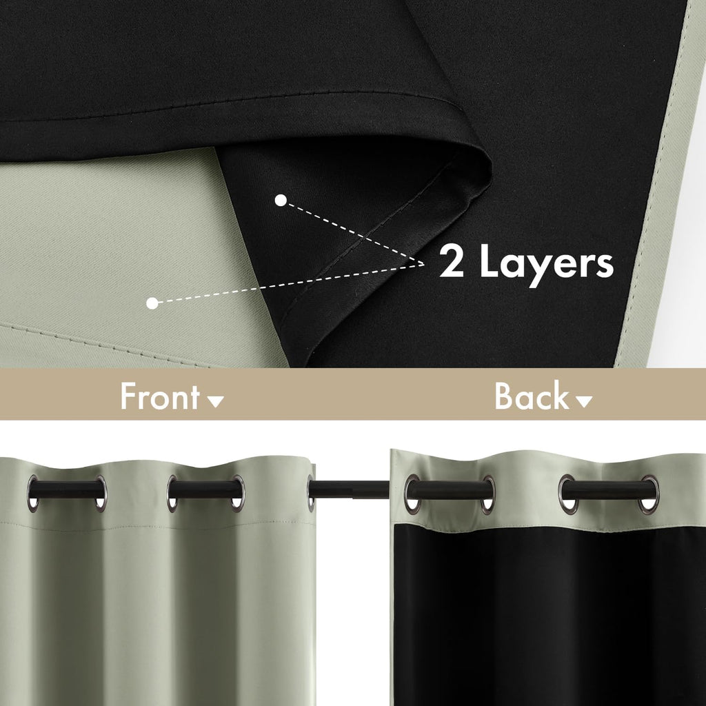 Miulee Sage Green 100% Blackout Curtains for Bedroom 84 Inch Long, 2 Thick Layers Thermal Insulated Black Out Window Curtains with Black Li…