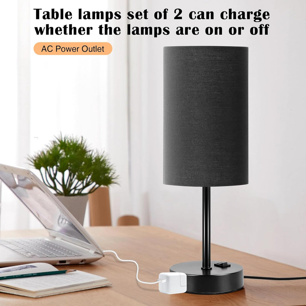 ZJOJO Table Lamp for Bedroom Set of 2, Bedside Small Lamps with 3 Way Dimmable Rocker Switch and AC Outlet, Nightstand Desk Lamp with…