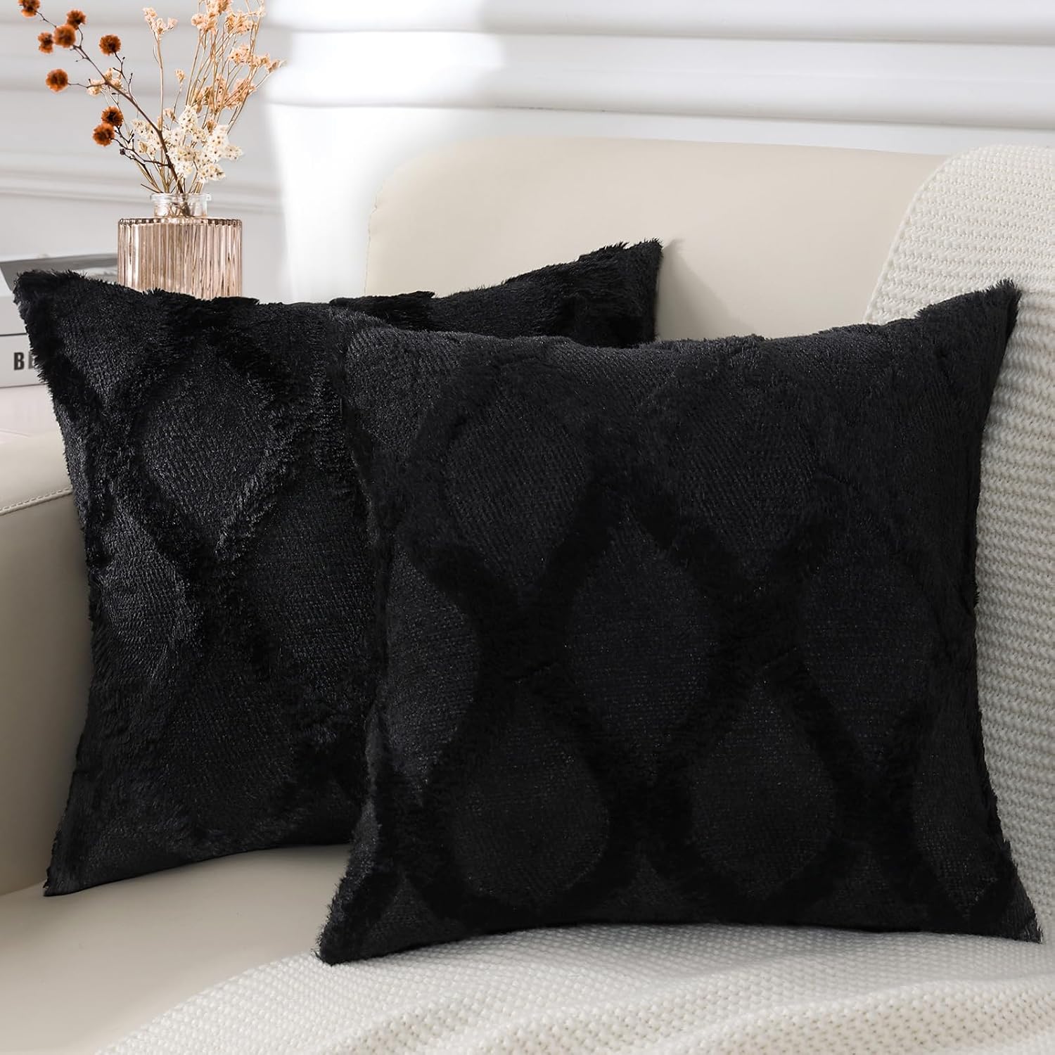 decorUhome Summer Throw Pillow Covers 16x16 Inch Set of 2, Soft Plush Faux Fur Wool Black Accent Couch Pillow Covers for Modern Farmhouse B…