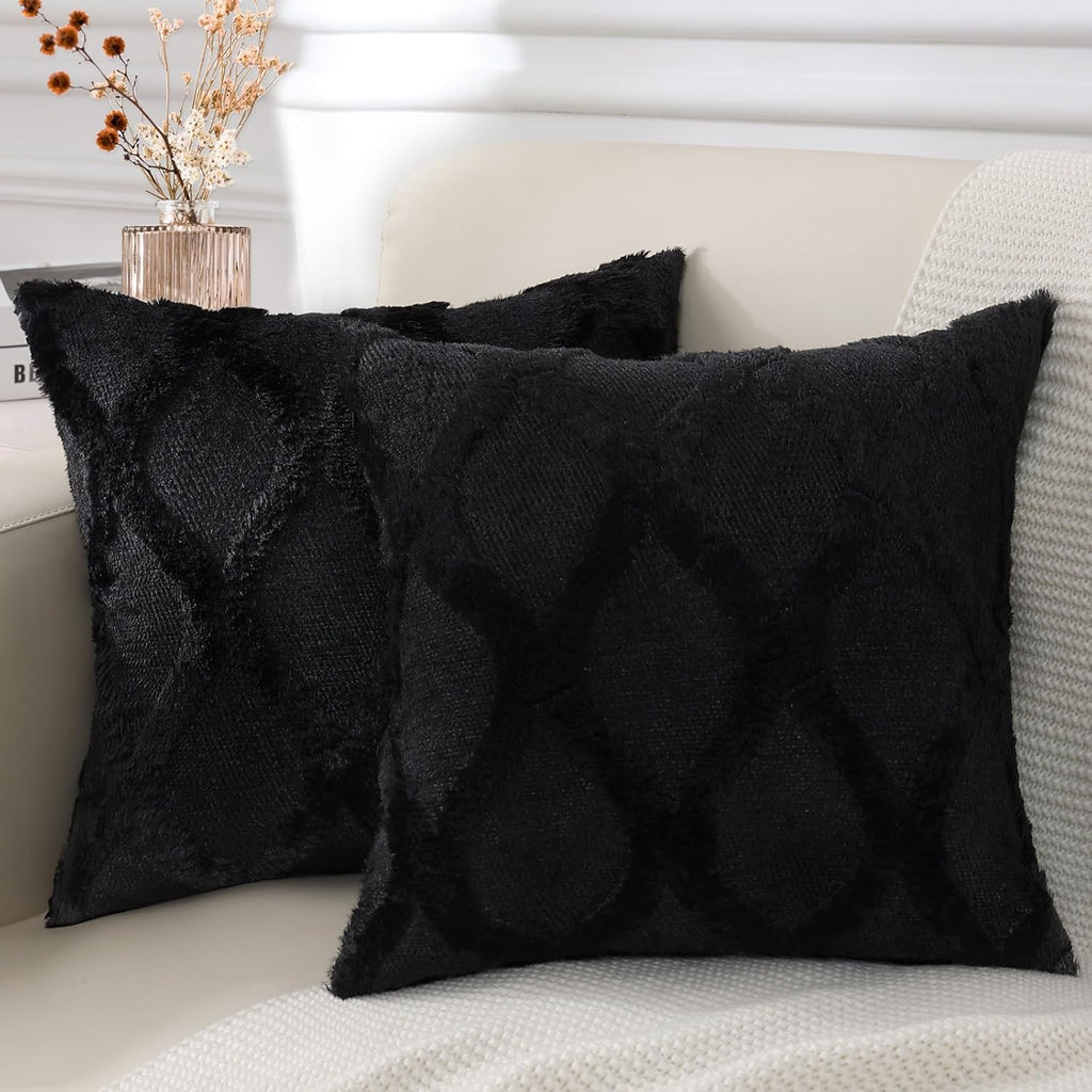 decorUhome Summer Euro Sham Throw Pillow Covers 24x24 Inch Set of 2, Soft Plush Faux Fur Wool Black Accent Couch Pillow Covers for Modern F…