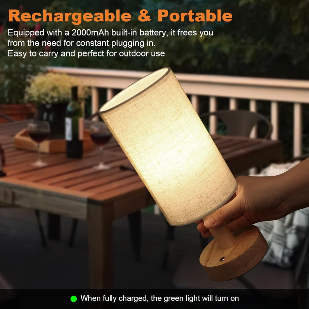 Rechargeable Cordless Touch Table Lamp with Stepless Dimming, Natural Wood Base&Linen Shade, Small Battery Wireless Ambient Night Light for…