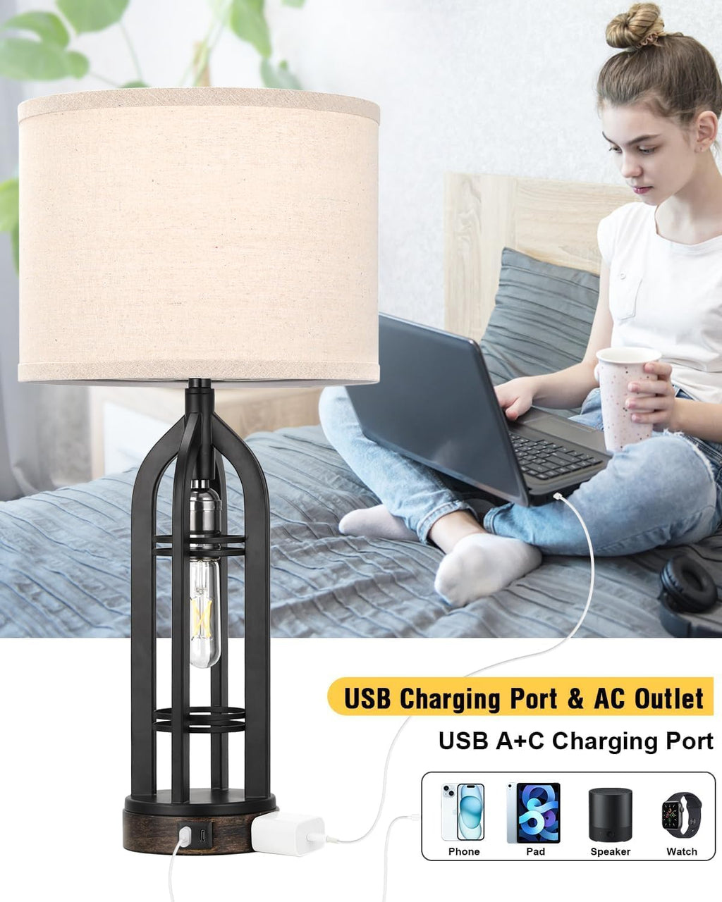 Seealle Table Lamps for Living Room - Black Bedside Lamp for Bedroom with USB C+A & Outlet, Farmhouse Lamps for Night Stands, 3-Way…