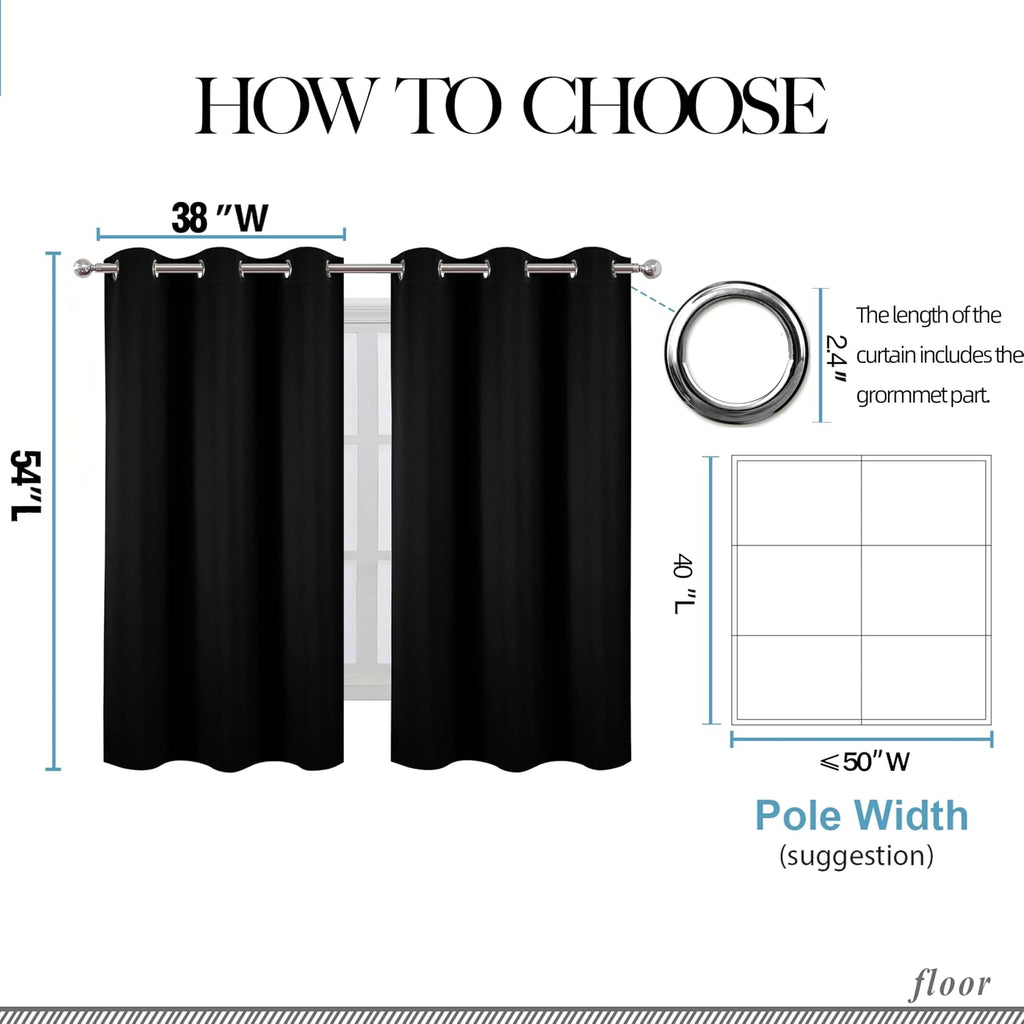 Lemomo Black Blackout Curtains/38 x 54 Inch/Set of Two Panels Grommet Living Room Curtains 54 Inch Black