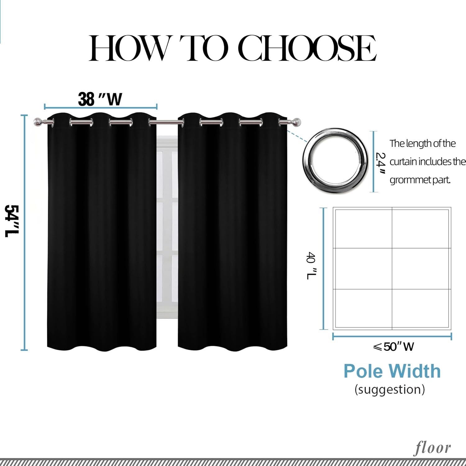 Lemomo Black Blackout Curtains/38 x 54 Inch/Set of Two Panels Grommet Living Room Curtains 54 Inch Black