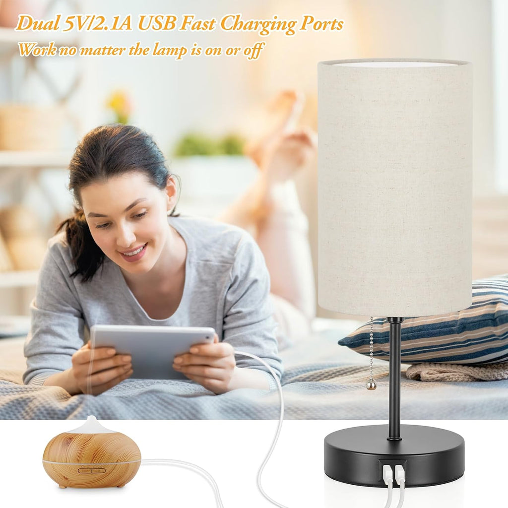 2 Sets Table Lamps with 2 USB, Minimalist Beside lamps for Bedroom, Nightstand Lamps with Pull Chain, Desk Lamps with Cream Fabric Shade…