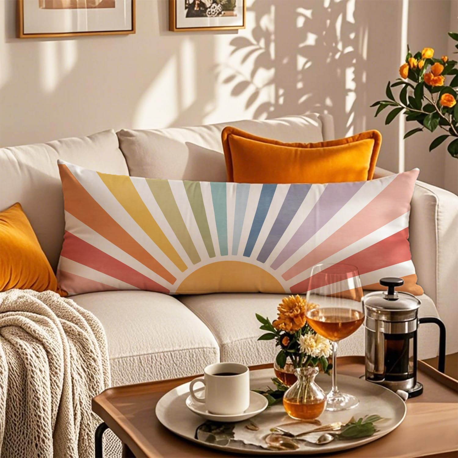 Boho Colorful Sun Sunshine 20x54 Body Pillow Cover, Boho Room Decor, Mid Century Modern Horizontal Sun Sunset Sunrise Decorative Long…