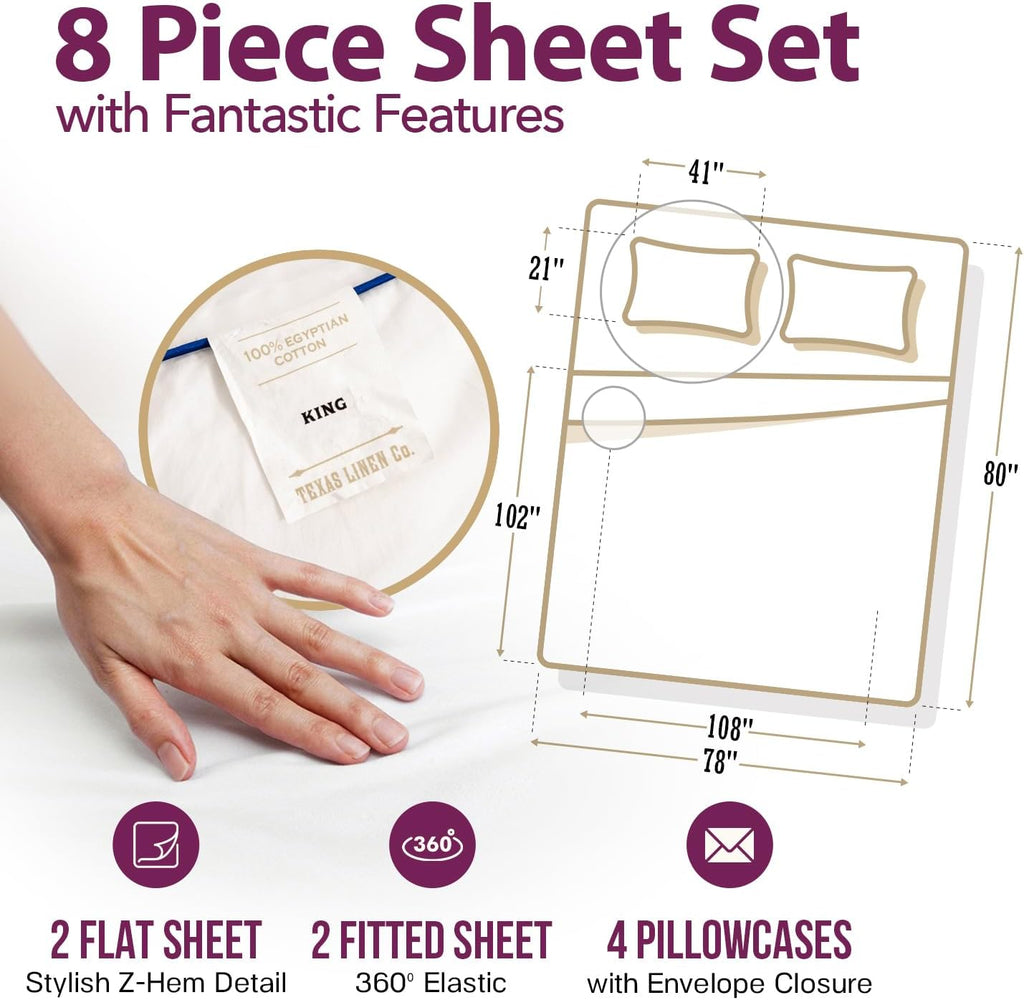 TEXAS LINEN CO. 100% Egyptian Cotton Sheets King Size Set Pack of 2 - Luxury 1200 Series Star Sleepin' Collection Sheets King Size (8 PC…