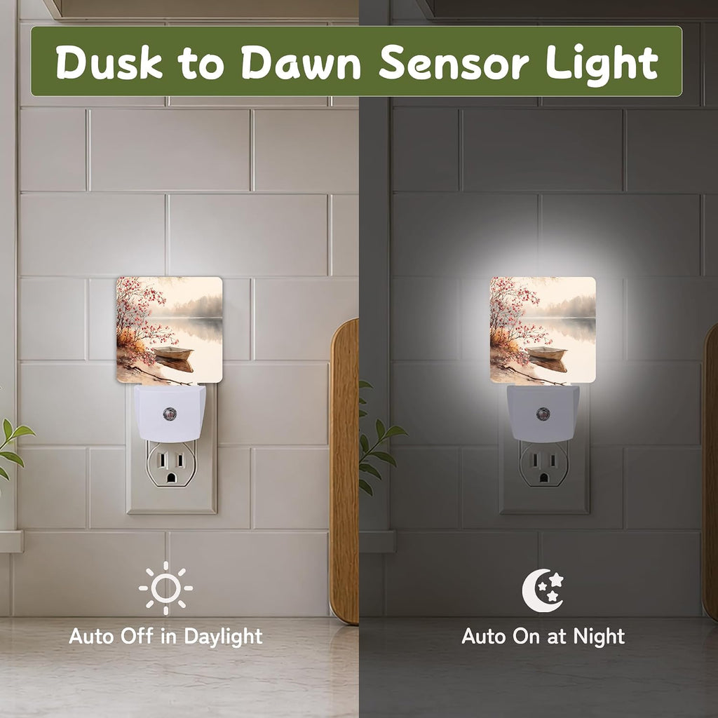Lake Boat Autumn Night Lights Plug into Wall, Night Light for Bedroom Bathroom Hallway Kitchen, Auto Dusk to Dawn Sensor Decorative Gift…