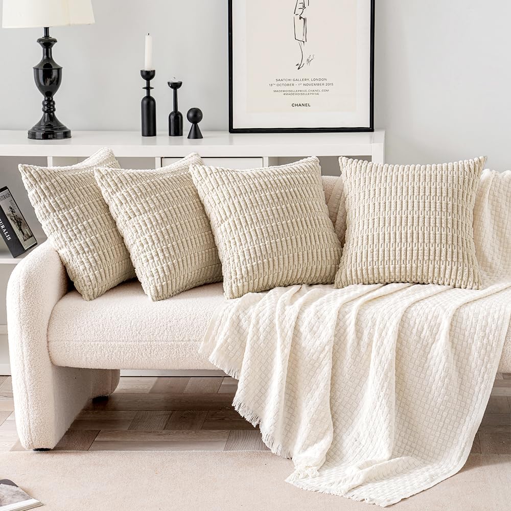 Miulee Pack of 4 Cream White Corduroy Christmas Decorative Throw Pillow Covers 18x18 Inch Soft Boho Striped Pillow Covers Modern Farmhouse…