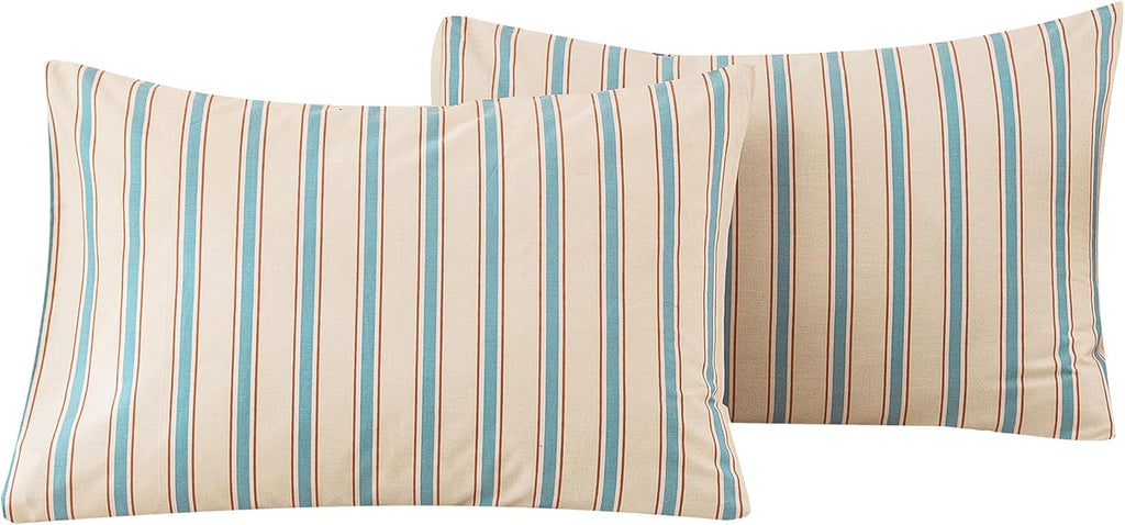 ECOCOTT Striped Pillowcases Standard Size Set of 2, 100% Washed Cotton Pillow Cases with Envelope Closure, Blue&Brown Ticking Stripe…