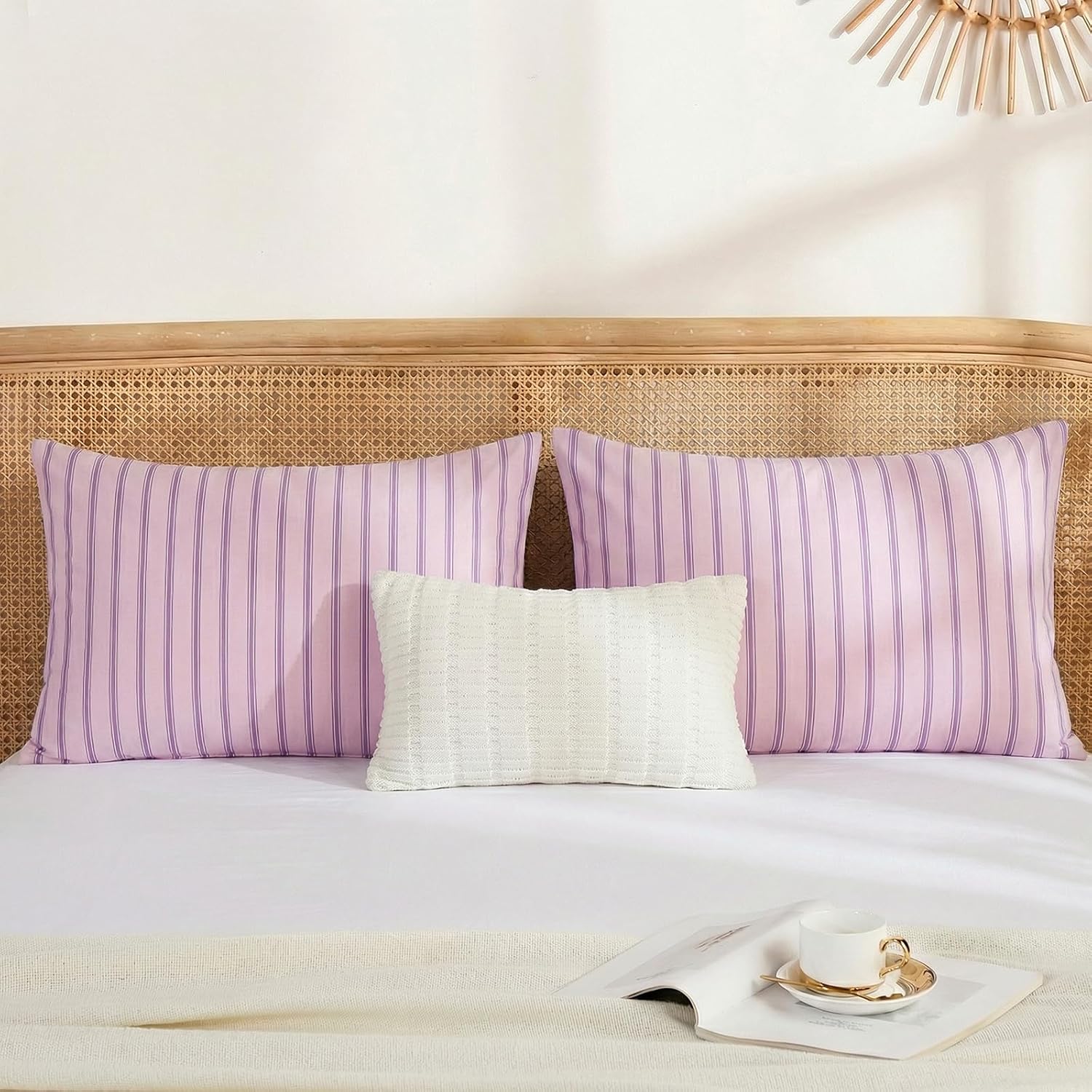 Merryword 100% Cotton Pillow Cases, King Size Pillowcases, Pink & Purple Striped Pillowcases, Luxury Linen Like Pillowcase, Soft Breathable…