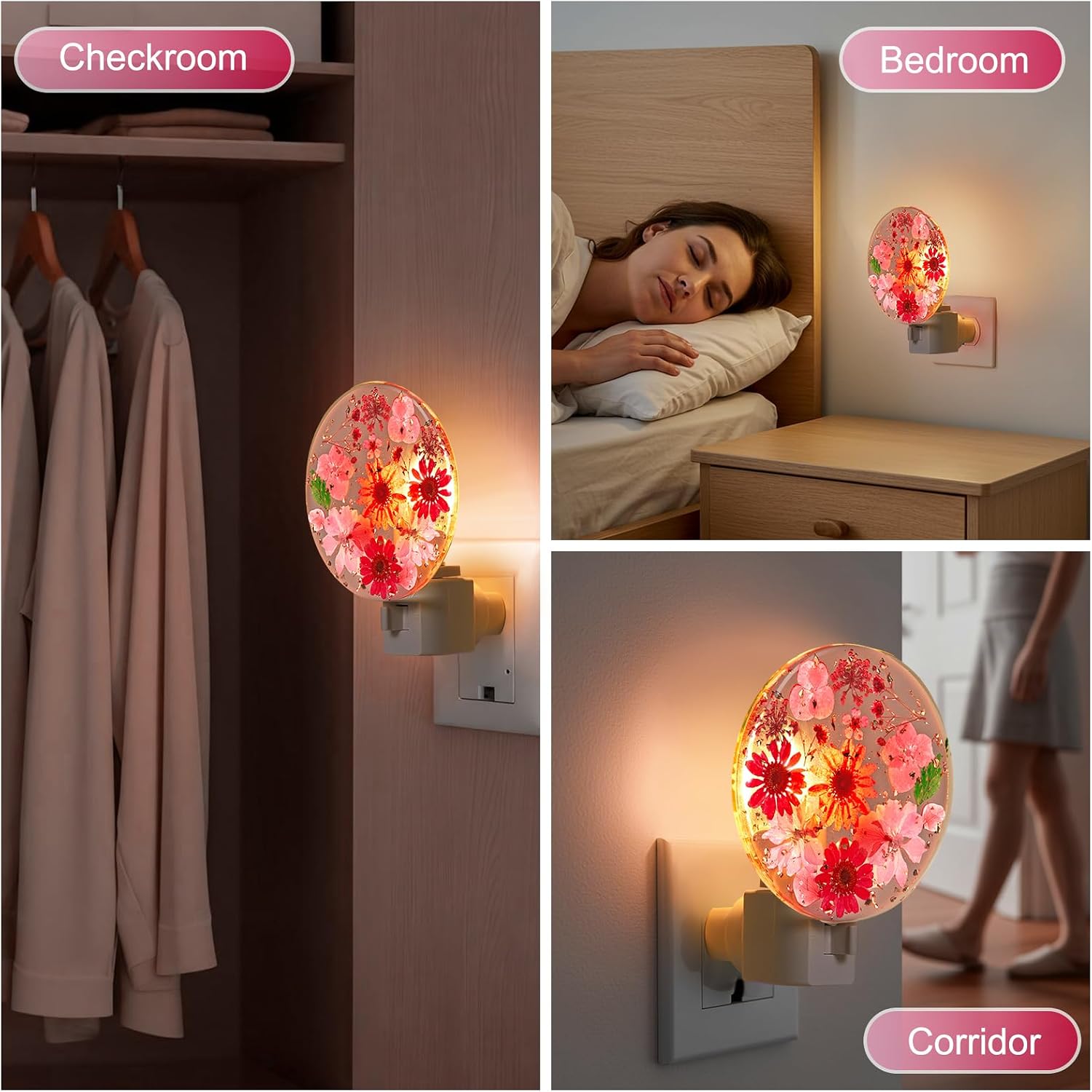 Glooglitter Pressed Flower Night Light Plug in - Handmade Dried Floral Wall Night Light, Soft Glow Decorative Nightlight for Hallway Bedroo…