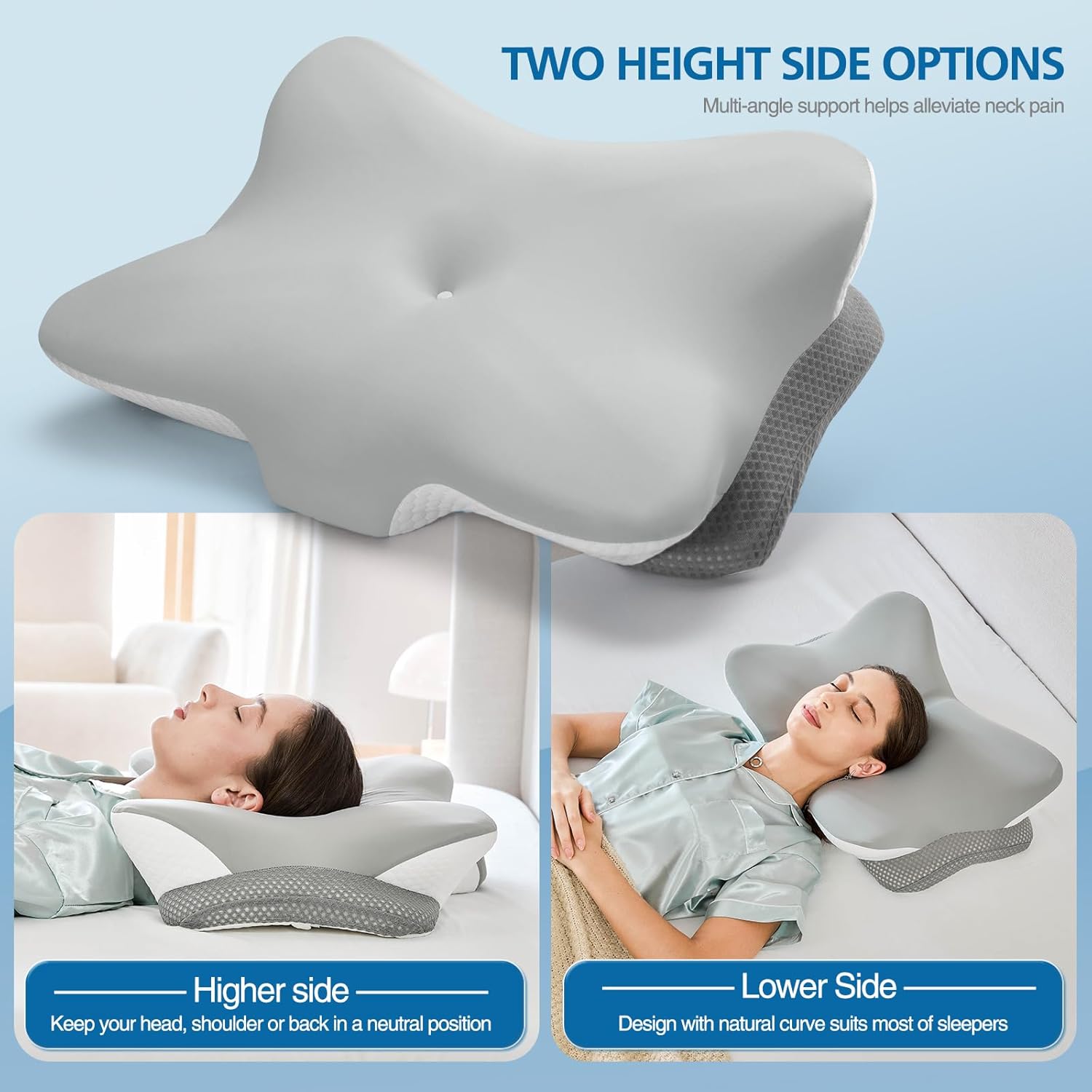 Krightlink Ergonomic Memory Foam Cervical Pillow for Neck - Contour Design with Dual Heights for Side/Back/Stomach Sleepers with Washable B…