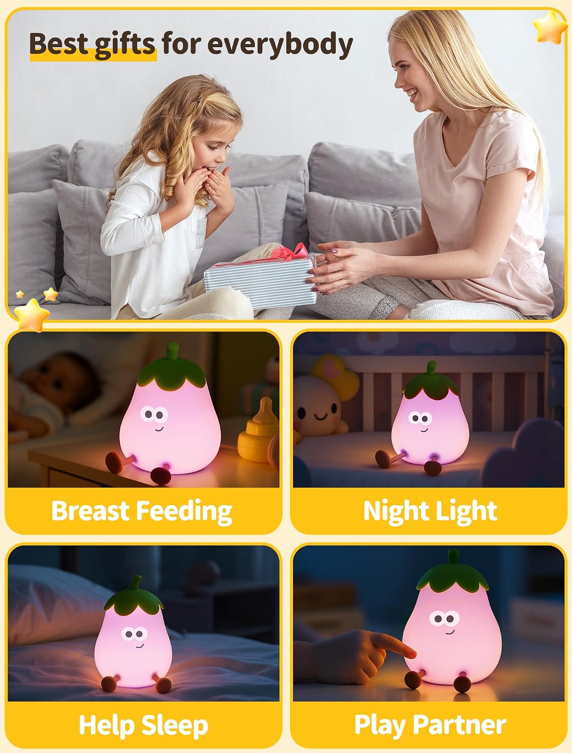 Eggplant Night Light for Kids, Cute Squishy Silicone Lamp, Rechargeable LED Nightlight, 3-Level Dimmable Bedside Lamp for Bedroom Kids…