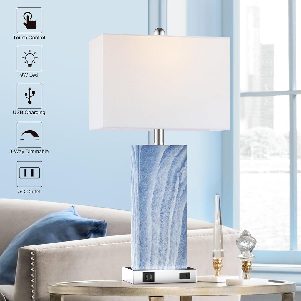 Touch Control Table Lamps with White Fabric Shade Set of 2, 3-Way Dimmable Modern Ceramic Blue Nightstand Bedside Lamp with 2 USB Ports 1…