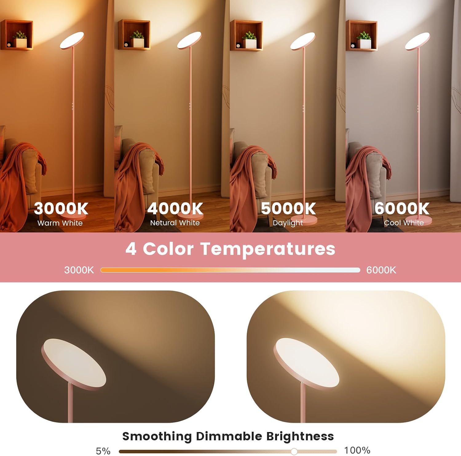 Pink Dimmable Floor Lamp, Bright 36W 3500LM Standing Lamp with Remote Touch Control, 2700K Soft White to 6500K Cool White Adjustable, LED…