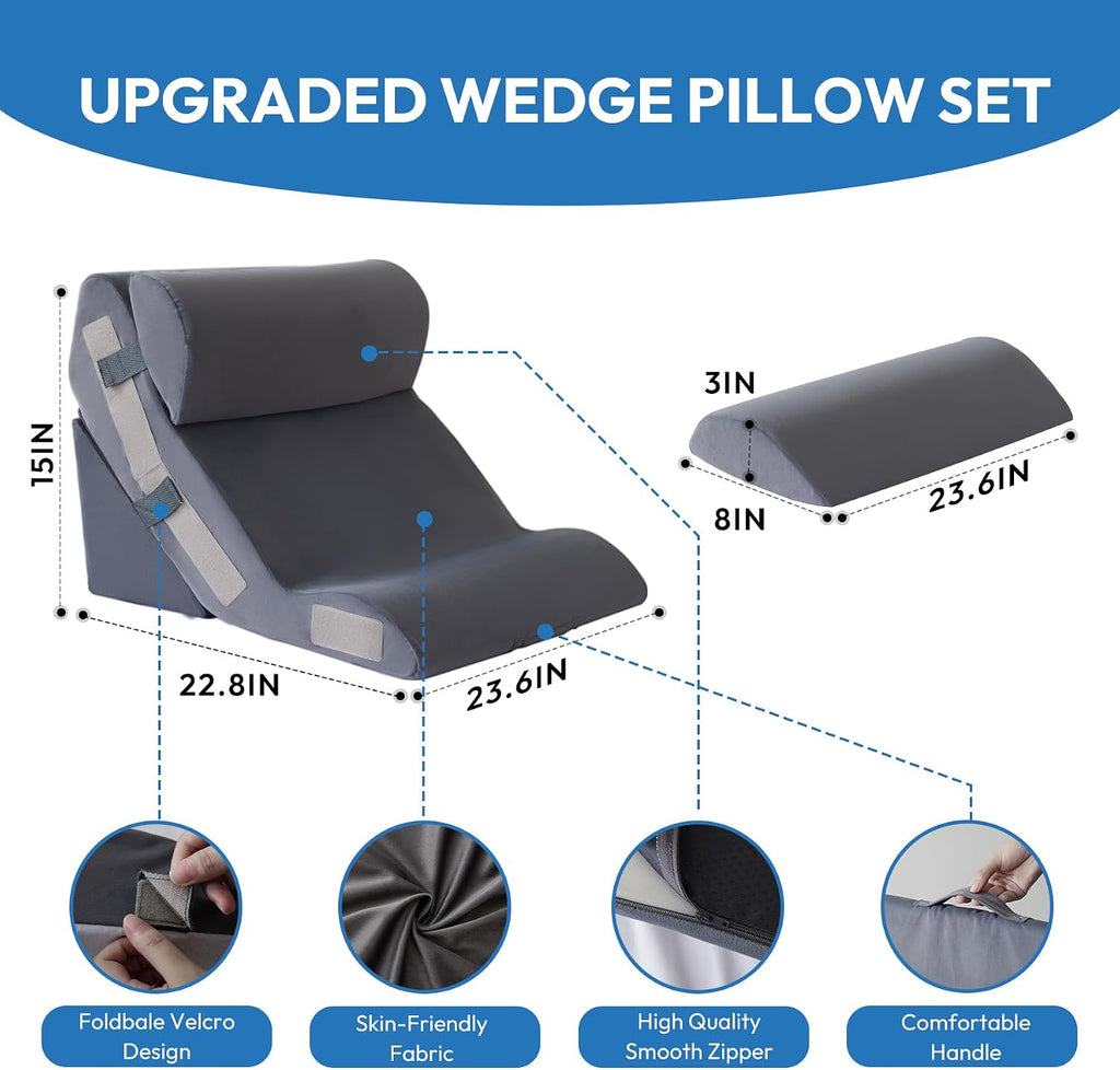 Ahpmeoa 4PCS Wedge Pillow Set for After Surgery, Back Pillow for Bed Sitting up, 10-in-1 Foam Wedge Pillow for Acid Reflux & Back, Post Su…