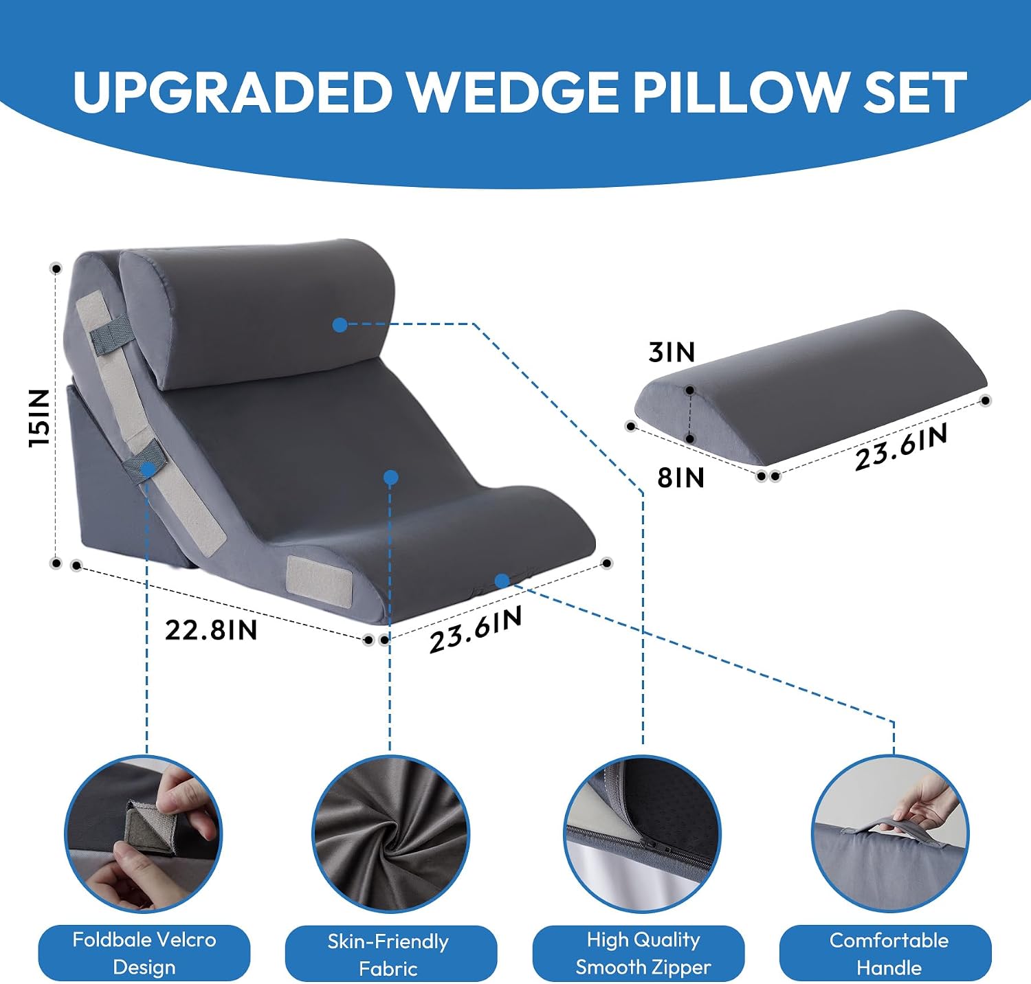 Ahpmeoa 4PCS Wedge Pillow Set for After Surgery, Back Pillow for Bed Sitting up, 10-in-1 Foam Wedge Pillow for Acid Reflux & Back, Post Su…