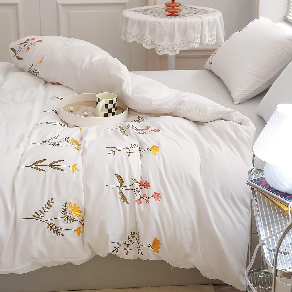 Moveover Move Over White Flower Pillow Cases Set of 2 Embroidery Flower Pillowcases King Size White Pastoral Pillow Covers Soft Washed Micr…