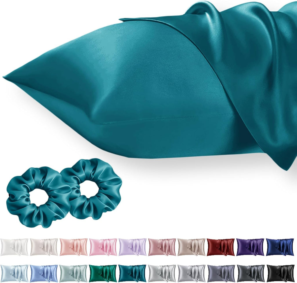 Vielit Standard Satin Pillowcase for Hair 2pc, Similar to Silk Pillow Cases, for Women Men, Teal,20x26 & Envelope Closure and 2 Satin Scrunch…