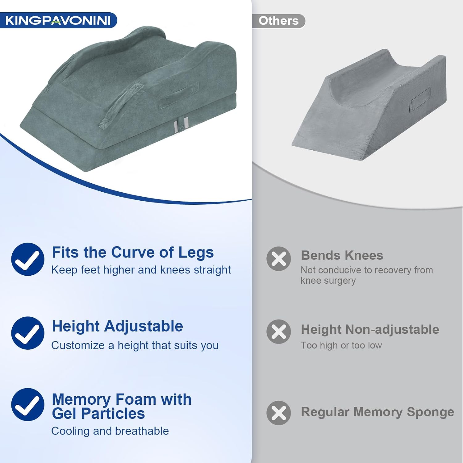 KingPavonini Adjustable Leg Elevation Pillows for After Surgery with Ergonomic Curve, Cooling Memory Foam Leg Pillow for Knee Surgery Recov…