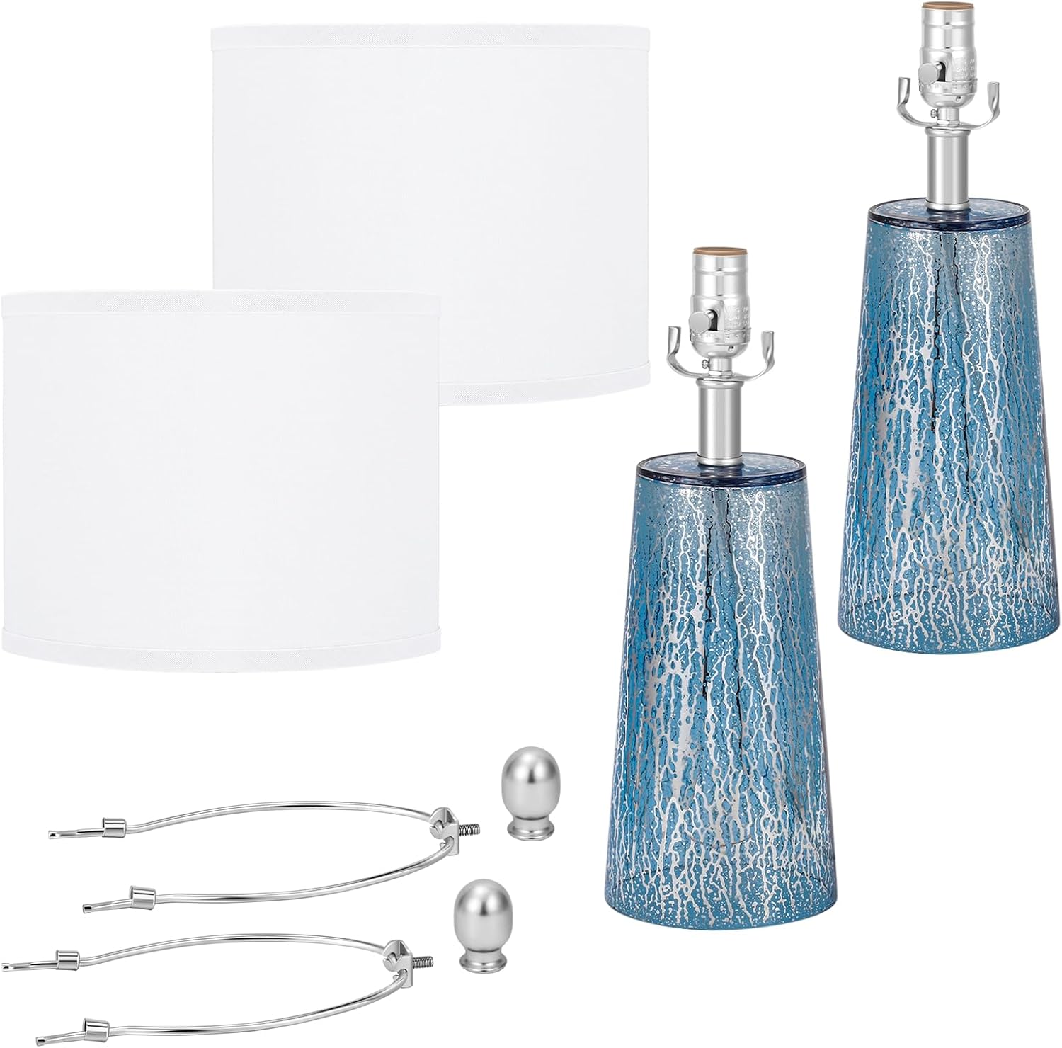 Modern Coastal Table Lamps 23” High Blue Silver Hand-Applied Mercury Tapered Column Glass Bedside Lamps, for Bedroom Living Room Home…