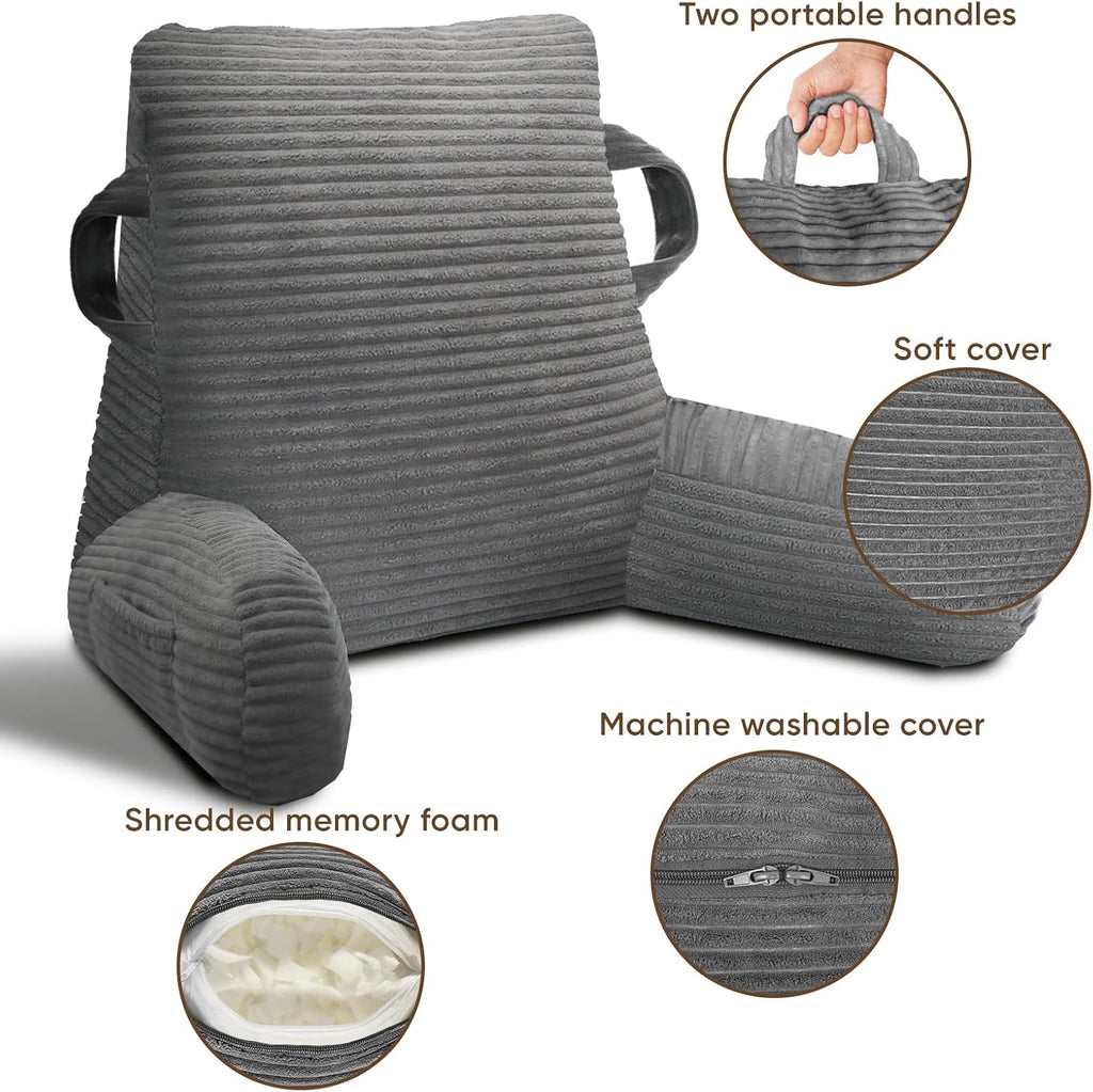Reading Pillow for Sitting in Bed Adult, Bed Reading Pillow with Shredded Memory Foam, Back Pillow for Sitting with Arms and Pockets, Gery