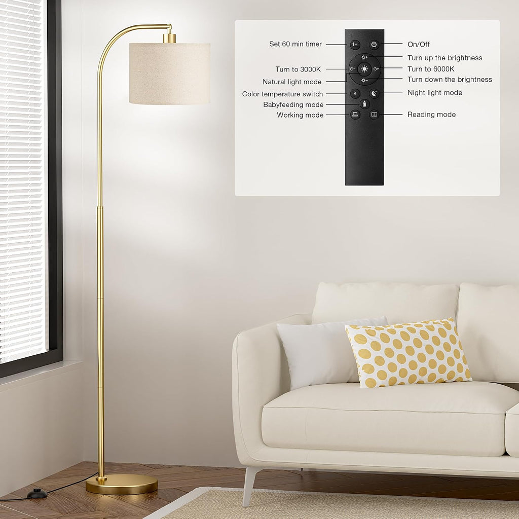 Ambimall Arc Floor Lamp with Remote and Stepless Dimmable Bulb, Colors Temperature & Brightness Adjustable, Gold Floor Lamps for Living Roo…