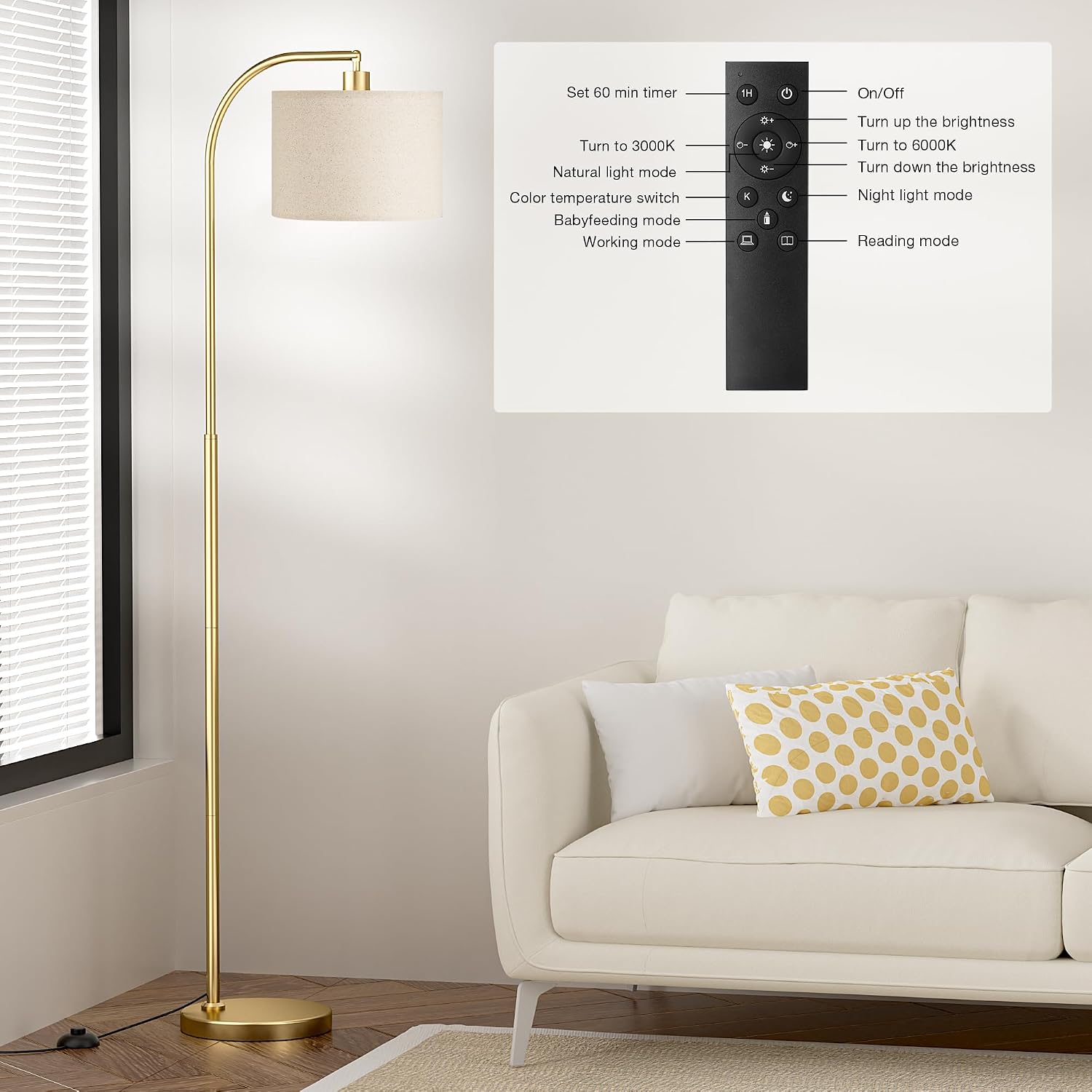 Ambimall Arc Floor Lamp with Remote and Stepless Dimmable Bulb, Colors Temperature & Brightness Adjustable, Gold Floor Lamps for Living Roo…