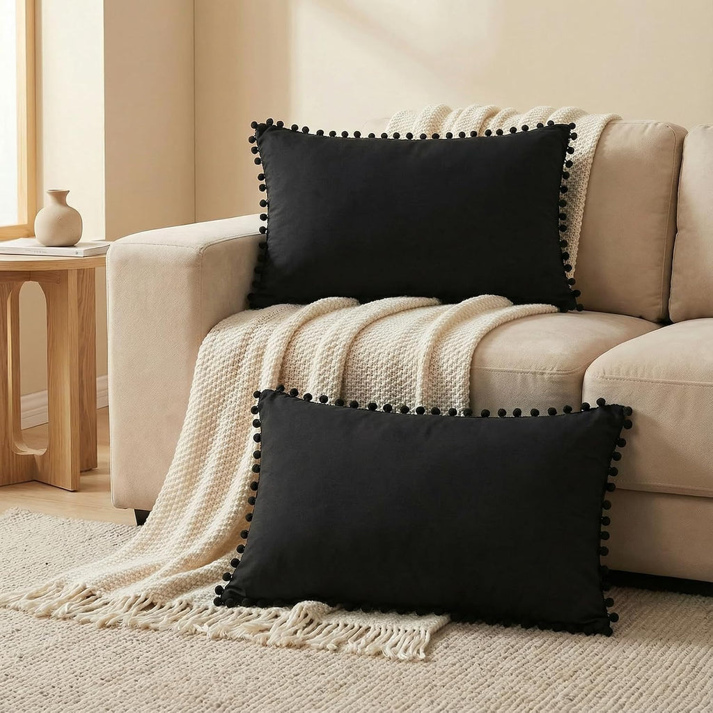 Moveover Black Pom Poms Pillowcases, Black Queen Pillow Cases Set of 2, 100% Washed Microfiber, Ball Fringe Pillow Cover, 2 Pack 2 Pack Bla…