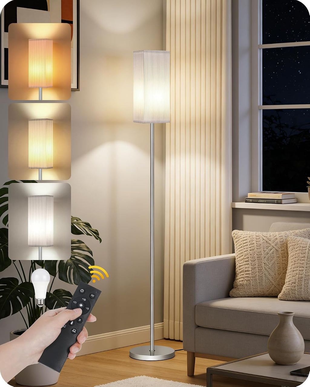 64.2''Dimmable Floor Lamp for Living Room with Remote and Foot Switch, Corner Floor Lamp for Bedroom, Includes 10W A19 Bulb, Modern…
