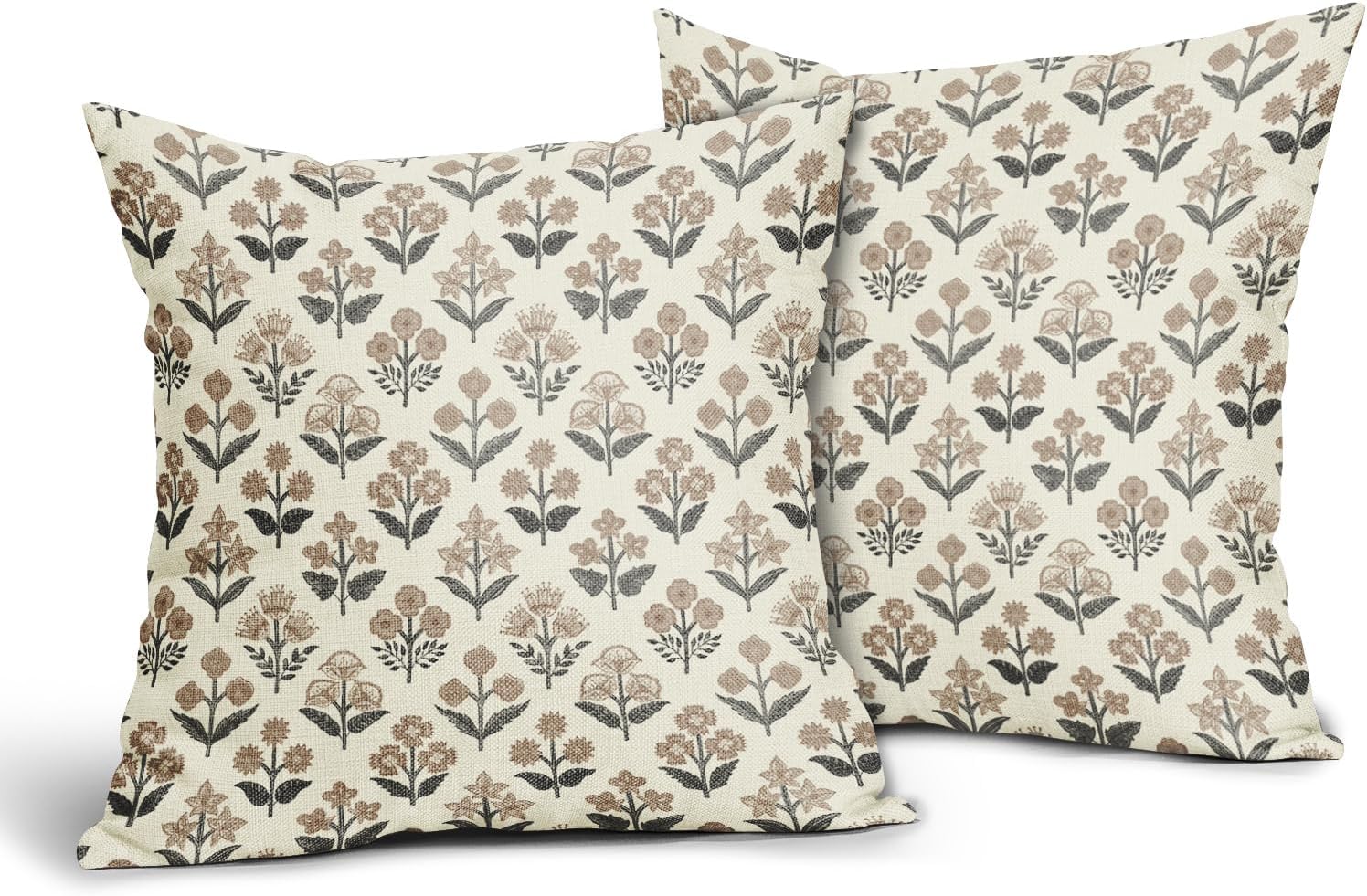 Black Brown Floral Block Print Pillow Covers 24x24 Inch Set of 2, Vintage Flower Pattern Decorative Throw Pillowcases Outdoor Farmhouse…
