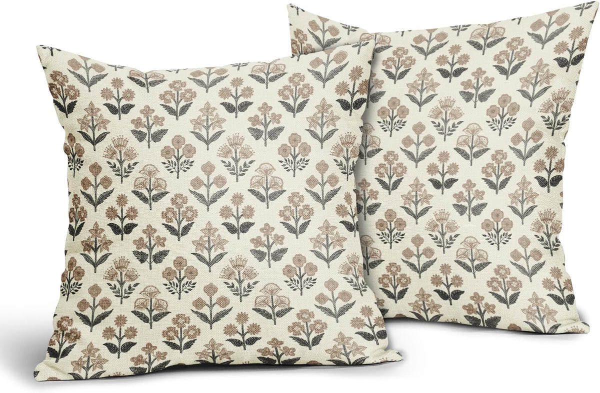 Black Brown Floral Block Print Pillow Covers 20x20 Inch Set of 2, Vintage Flower Pattern Decorative Throw Pillowcases Outdoor Farmhouse…